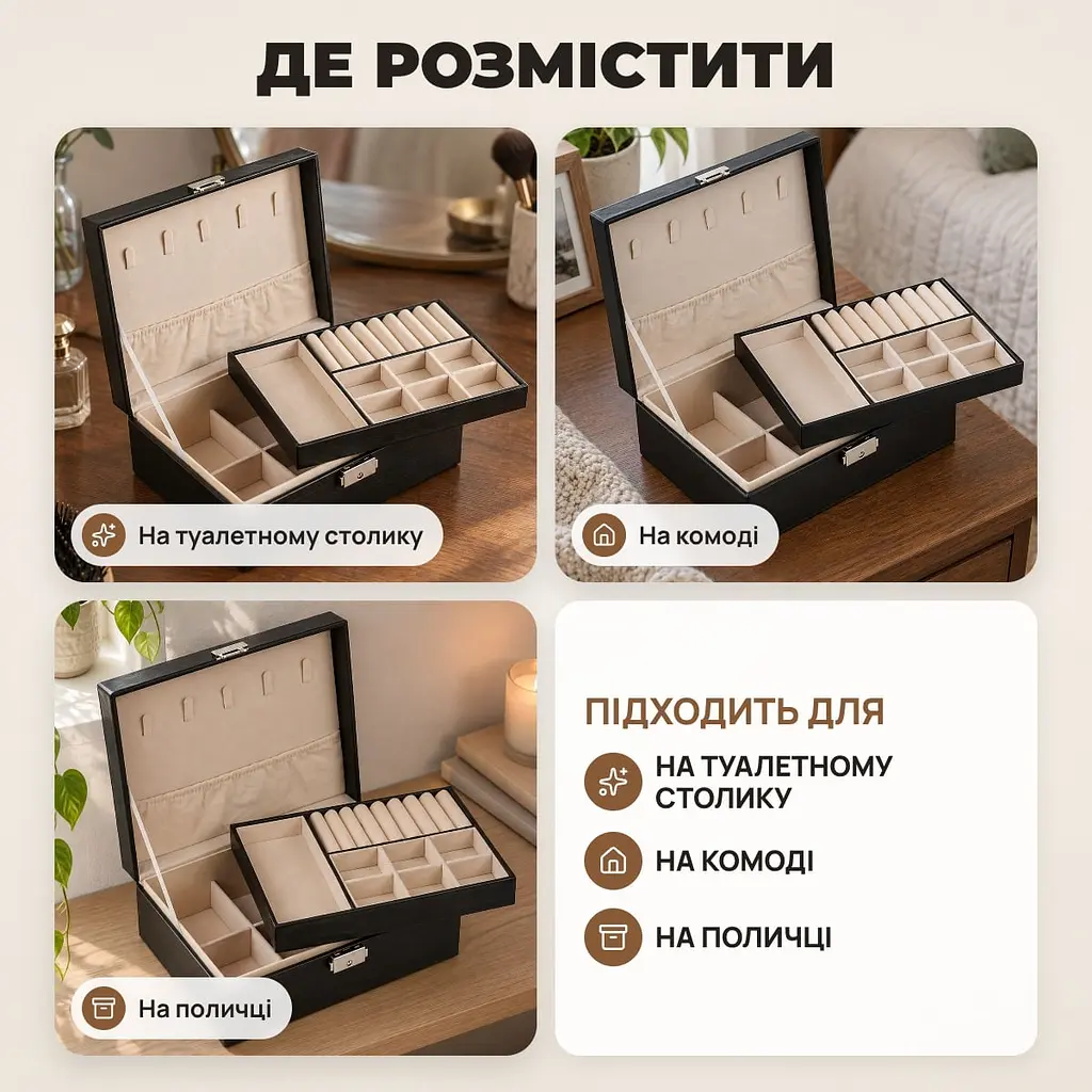 Шкатулка для прикрас двоярусна з замком - органайзер для кілець, сережок, ланцюжків - фото 4