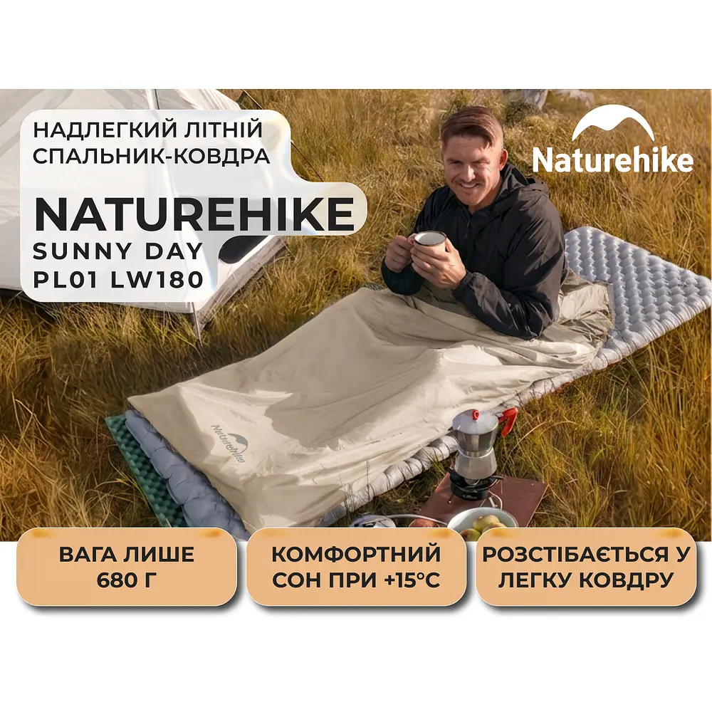 Спальник надлегкий Naturehike Sunny Day PL01 LW180 CNK2550WS026, (15°C), p-p regular, коричневий - фото 4