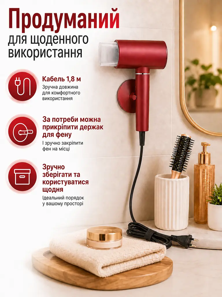 Професійний фен червоний 1800 W з холодним обдувом, іонізацією та насадкою-концентратором (49675925) - фото 4
