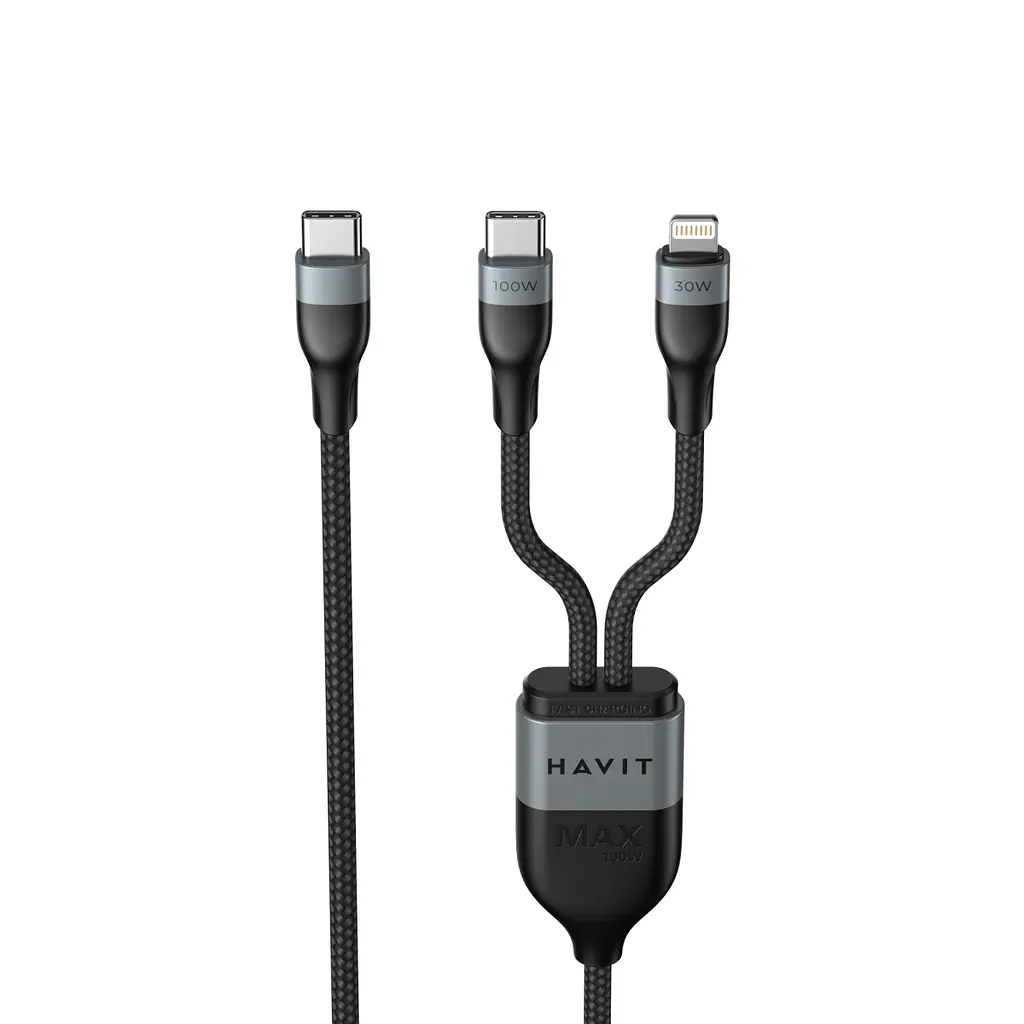 Кабель Havit HV-CB6326 PD100W USB-C - USB-C + Lightning 1.2 м черный (HV-CB6326) - фото 3