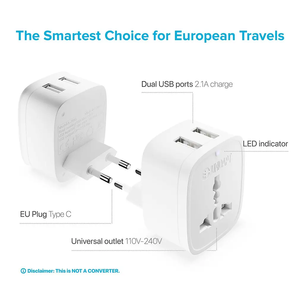 Європейський адаптер Unidapt типу C - World to Europe - 3 в 1 Міжнародний штекер живлення з 2 USB та AC - Універсальний вхідний - фото 3