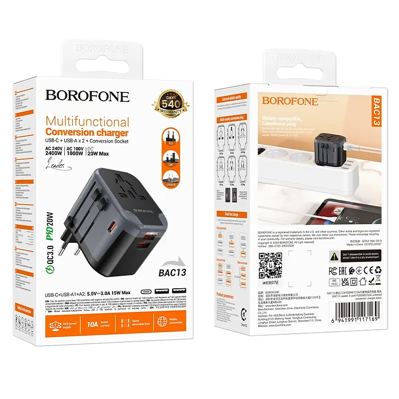 Мережевий зарядний пристрій BOROFONE BAC13 Leader 3-port PD20W(1C2A) universal conversion charger Black (6941991117169) - фото 2