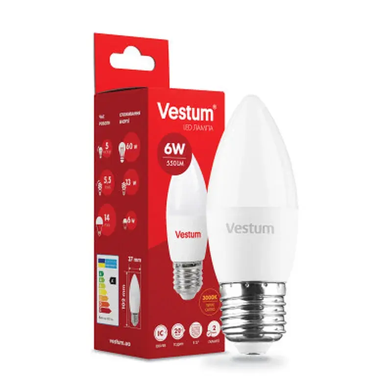 Лампочка Vestum C37 6W 3000K 220V E27 (1-VS-1302)