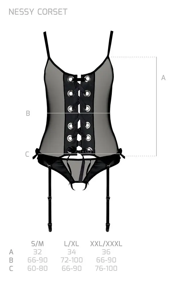 Корсет со шнуровкой Passion NESSY CORSet S/M black стринги с открытым доступом пажи для чулок - фото 7