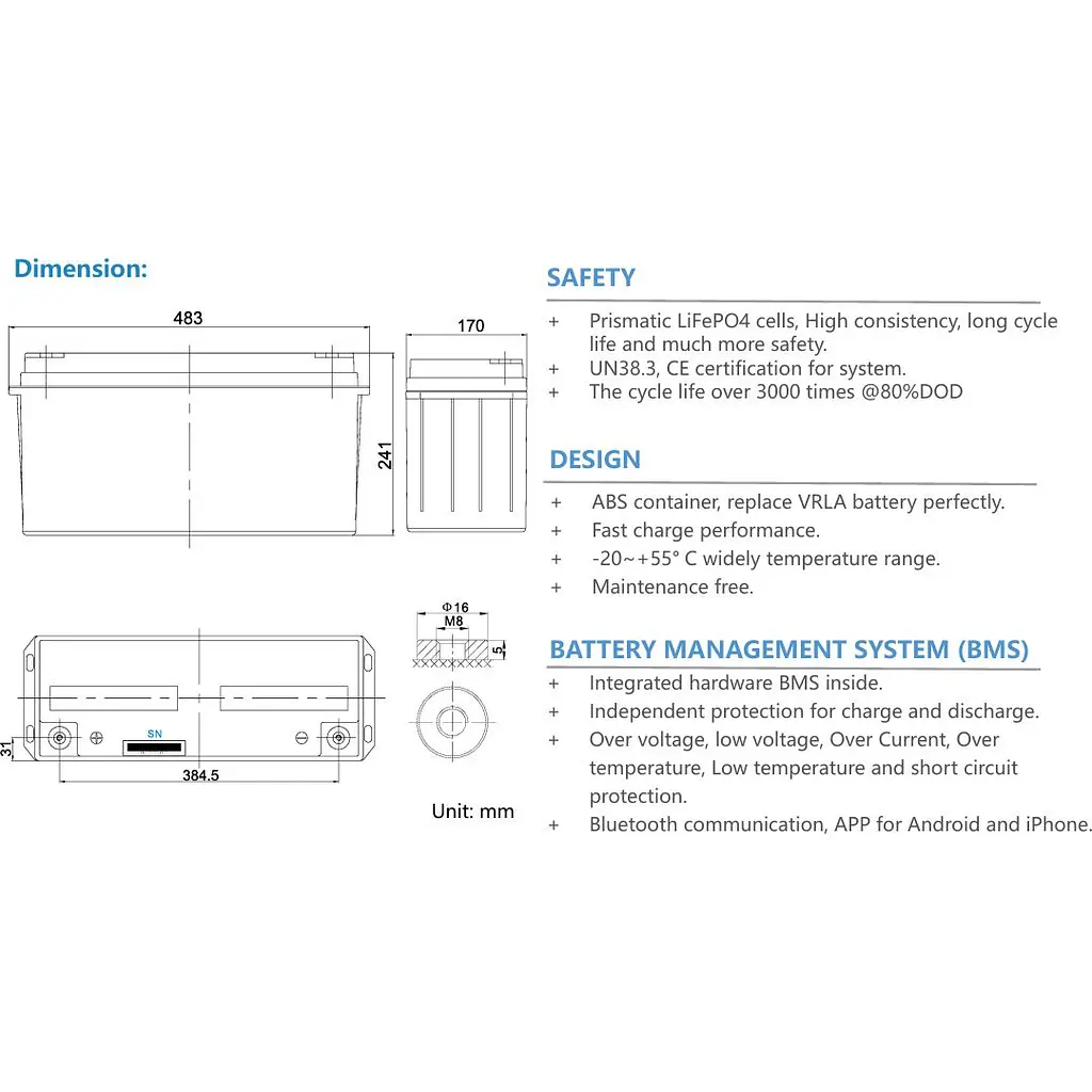 Акумулятор Ritar LiFePO4 12V (12.8V/150Ah/1920Wh) (R-LFP 12.8V 150Ah Bluet) [168178] - фото 5