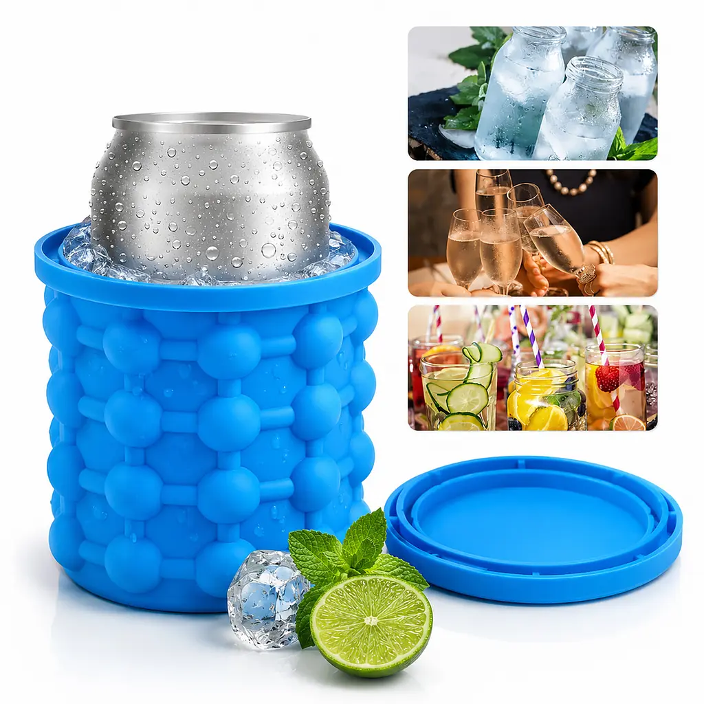 Силіконова форма відро для льоду з кришкою Ice Cube Maker Genie для охолодження напоїв Блакитний 88476 - фото 8