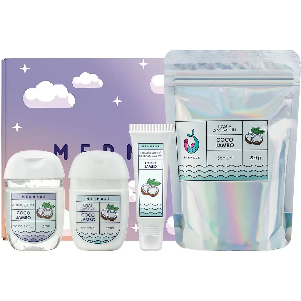 Набор Mermade Coco Jambo, антисептик, 29 мл + крем для рук, 29 мл + бальзам для губ, 10 г + пудра для ванны, 200 г - фото 2