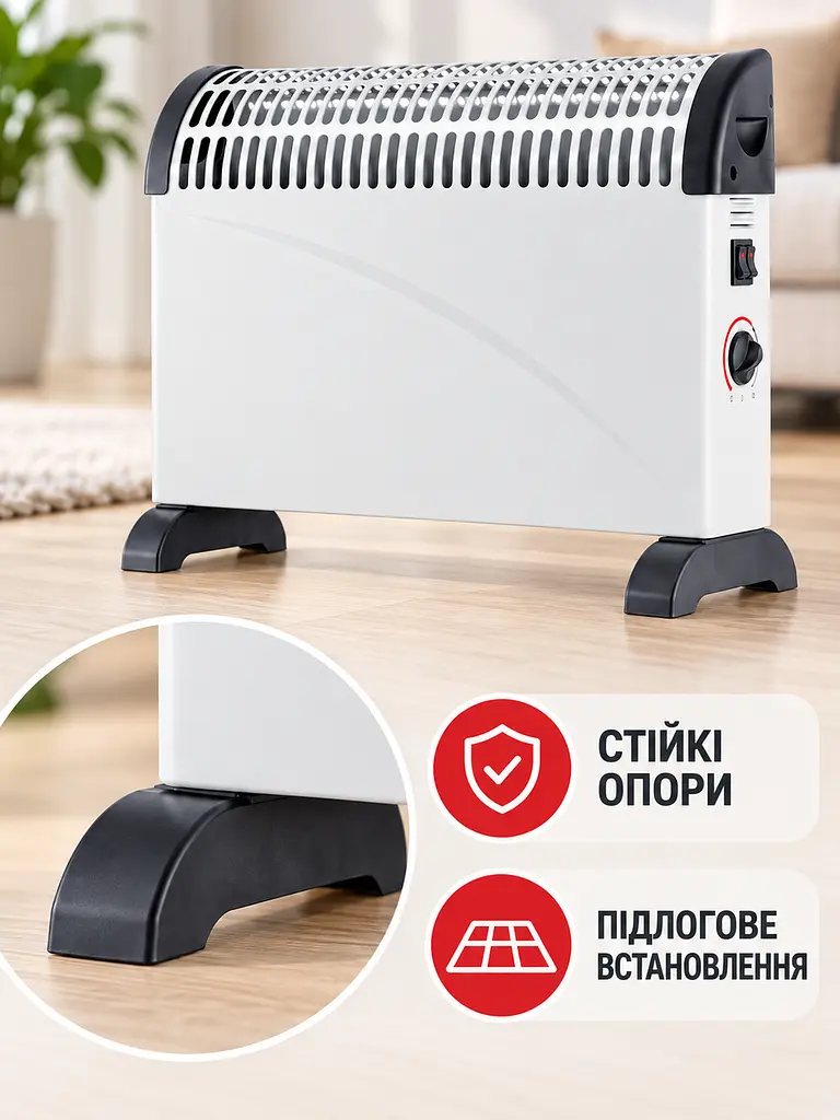 Конвектор електричний 2000 Вт з термостатом, 3 режими 750/1250/2000 Вт, до 23 м², білий (49676416) - фото 6