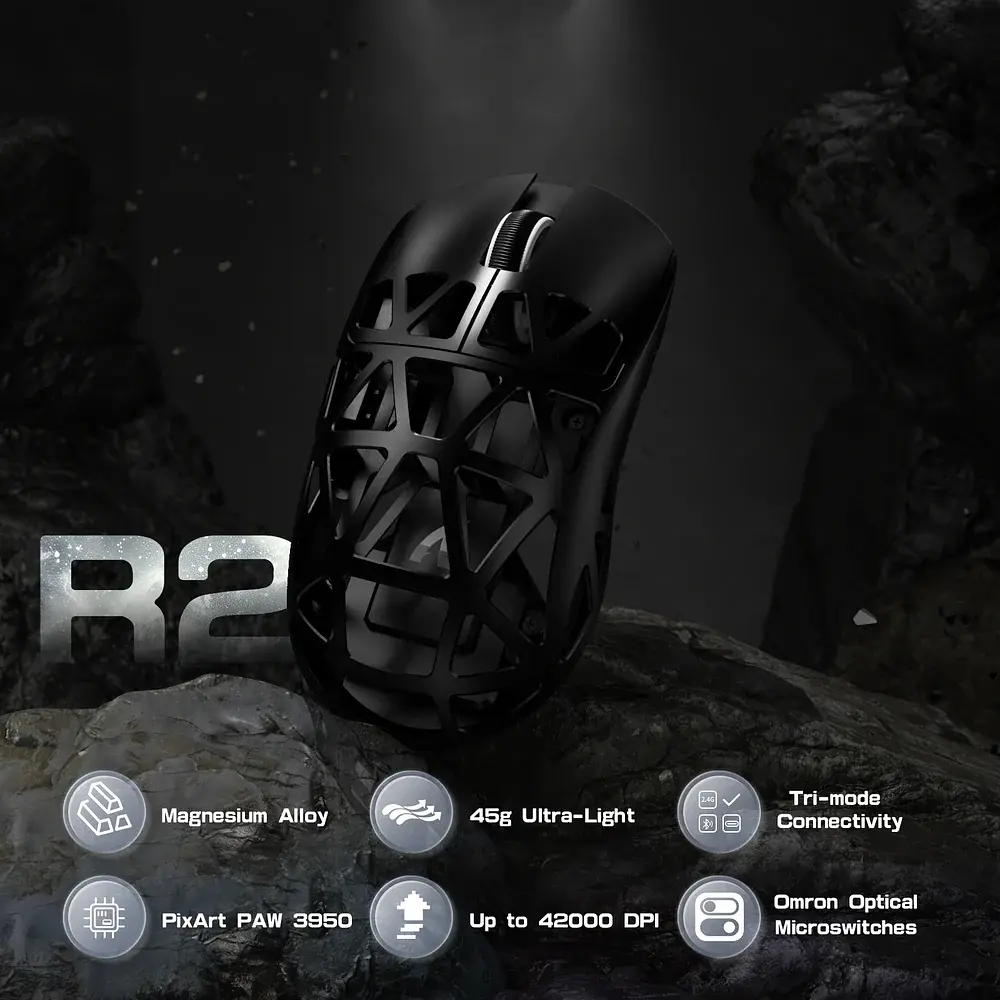 Мишка Attack Shark R2, Wireless/Bluetooth, 42000dpi, (PAW3950), 6кн., Black - фото 8
