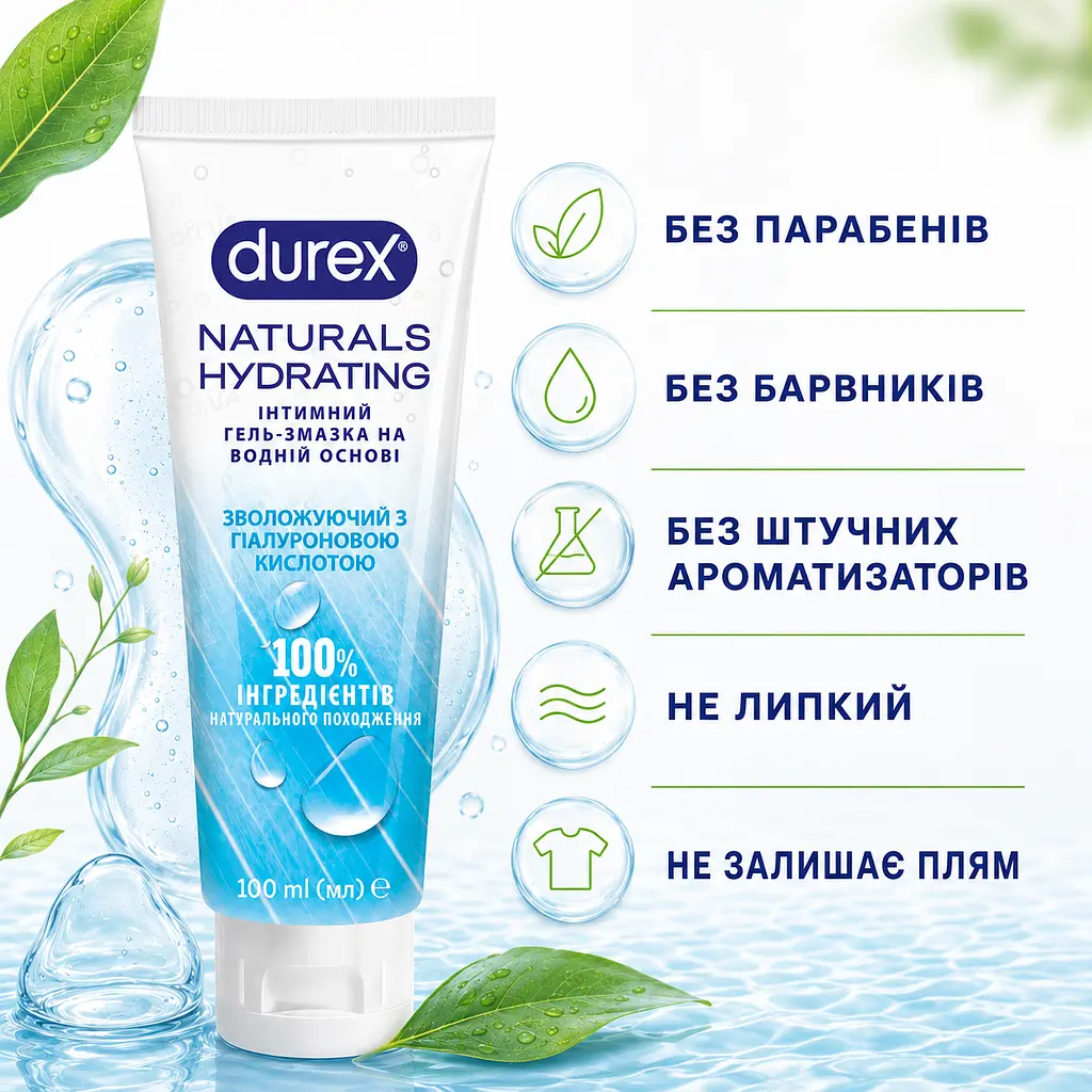 Лубрикант DUREX Naturals Hydrating інтимна гель-змазка на водній основі з гіалуроновою кислотою для зволоження - фото 3