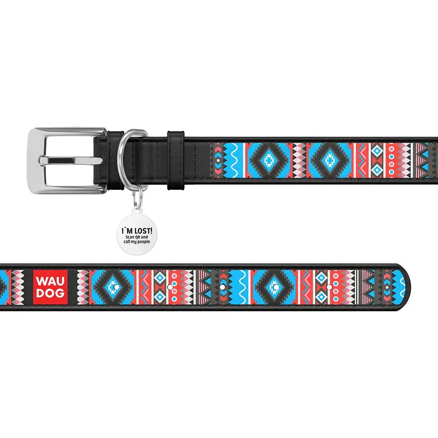 Нашийник для собак Waudog Design Етно, шкіряний, з QR паспортом, 21-29х1,2 см, чорний - фото 2