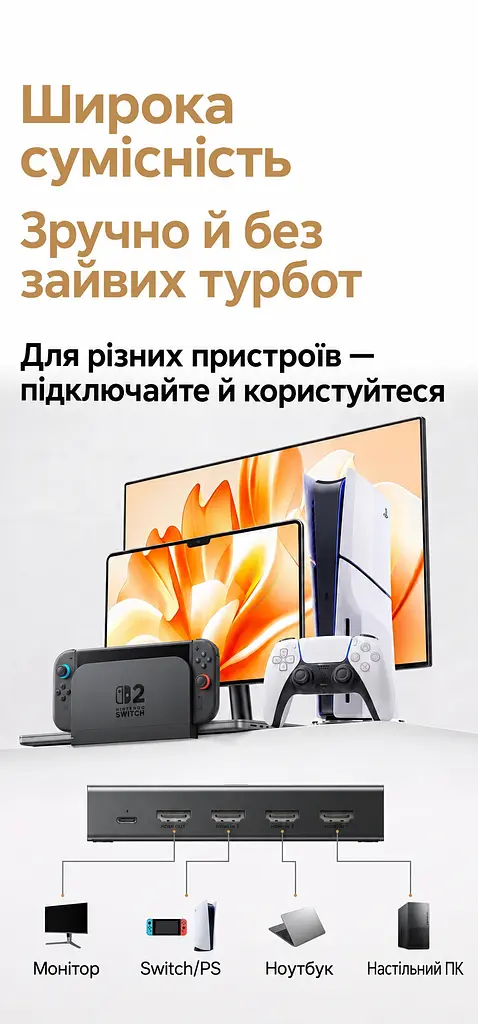 HDMI-перемикач UGREEN CM624 HDMI 2.1 3 входи 1 вихід 8K 60 Гц 4K 240 Гц 2K 240 Гц 1080p 240 Гц (95047) - фото 4