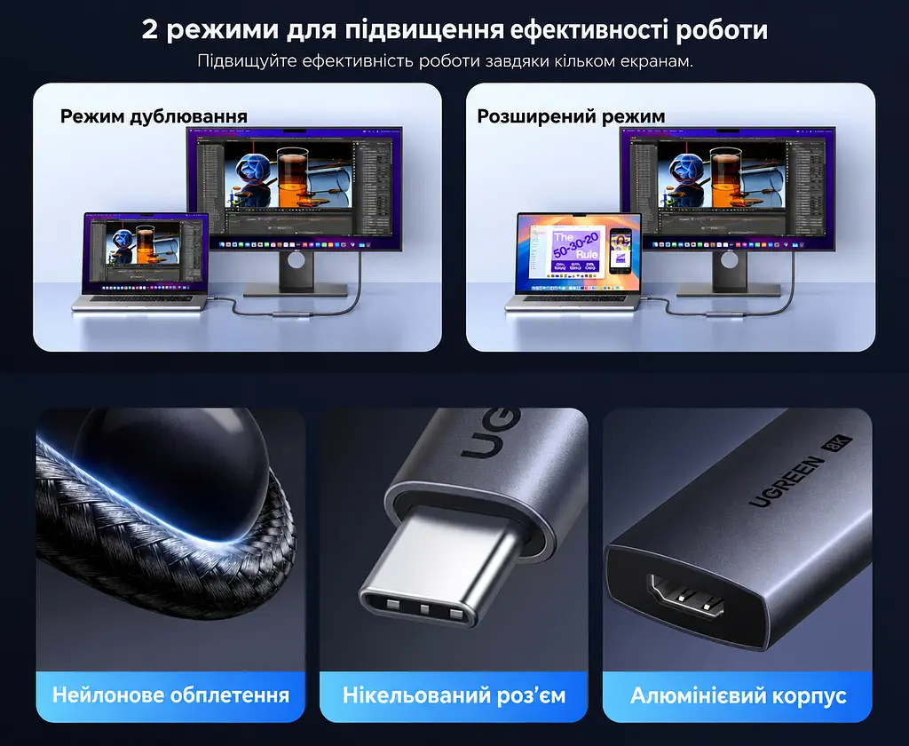 Відеоадаптер UGREEN CM491 USB-C - HDMI 2.1 8K 60 Гц 0,15 м сіро-чорний (85320) - фото 7
