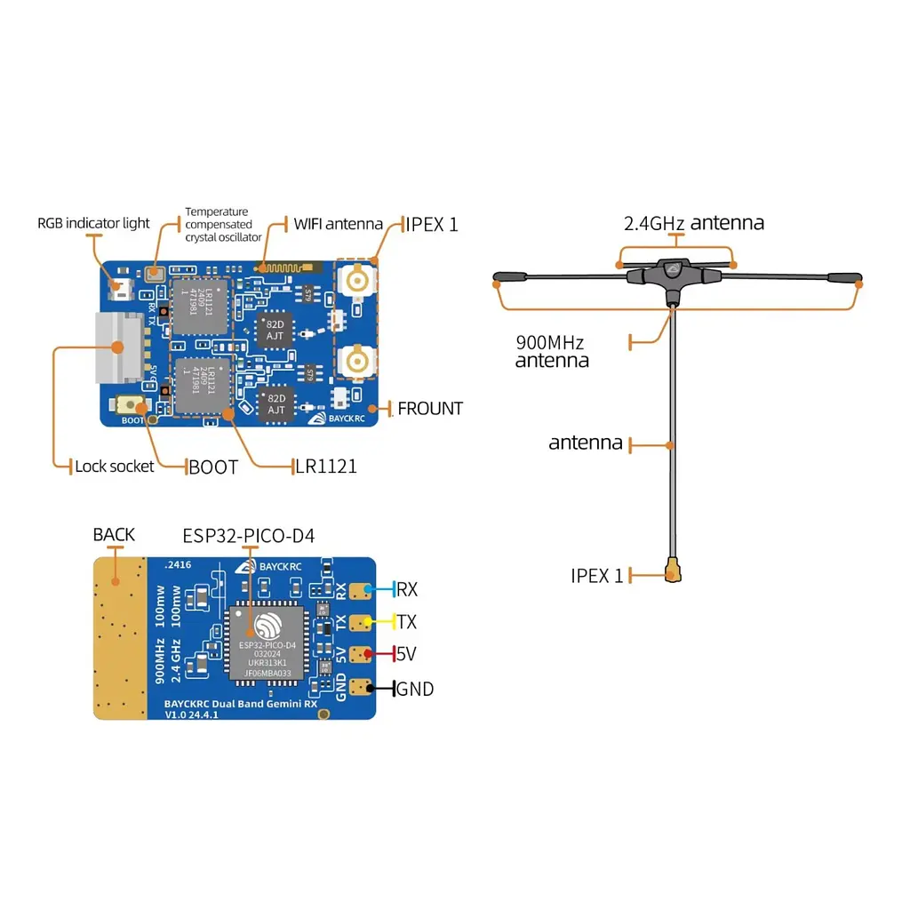 Приймач BAYCKRC 900МГц та 2.4ГГц ELRS Dual Band Gemini RX із 2 антенами для дрона - фото 3