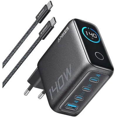 Зарядний пристрій Anker для ноутбука GaN 140 Вт 3xUSB-C PD 3.1 + USB-A + дисплей + кабель чорний (B2697GZ1) - фото 8