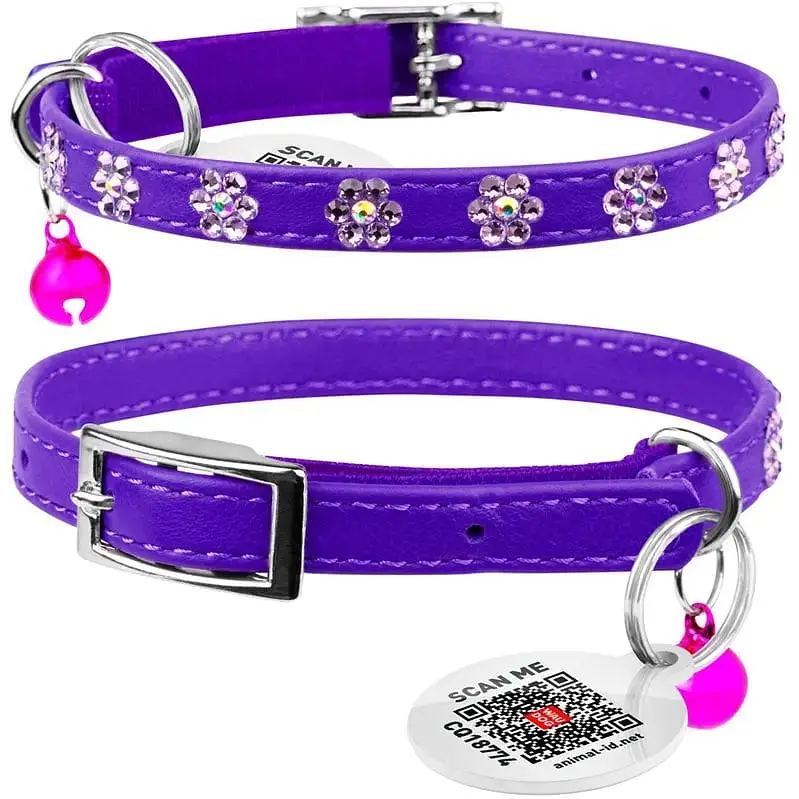 Ошейник для кошек Waudog Glamour Цветочек, кожаный, с эластичной вставкой, со стразами, 22-30х0,9 см, фиолетовый - фото 3