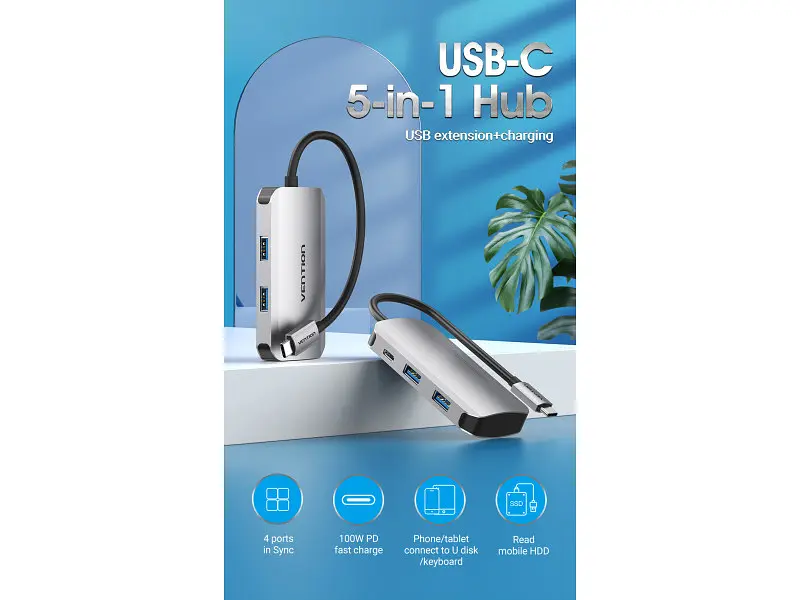 Док-станція для ноутбука Vention Hub 5-in-1 USB 3.1 Type-C (TNBHB) - фото 7