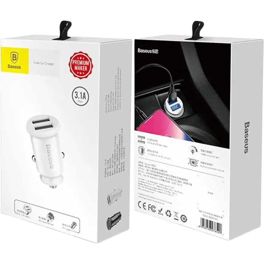 Автомобільний зарядний пристрій Baseus С8-K Grain Mini Smart Car Charger 3.1A 2хUSB White (651162372) - фото 8