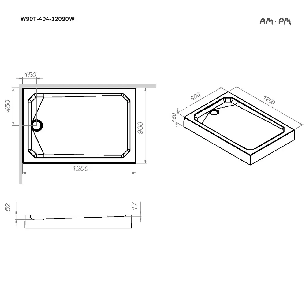 Душовий піддон Am.Pm Gem Square 120x90 см з сифоном білий W90T-404-12090W, Білий, білий - фото 4