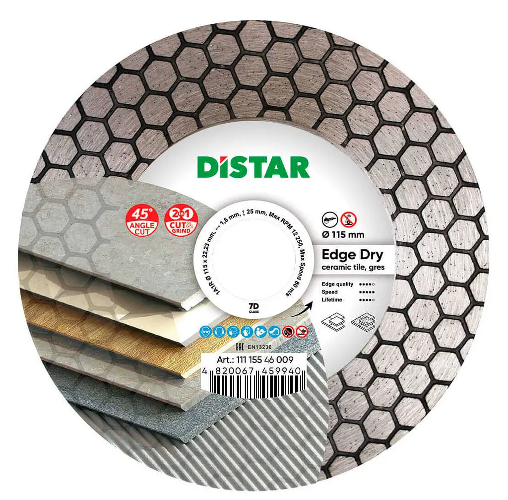 Алмазний диск по кераміці Distar Edge Dry 1A1R 115x1.6x25х22.23 мм