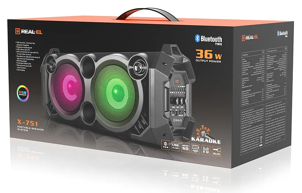 Колонка портативна 2.0 Real-El X-751 Black 2 x 18 Вт пластиковий корпус Bluetooth MicroSD/USB акумулятор 4000 мАг - фото 6