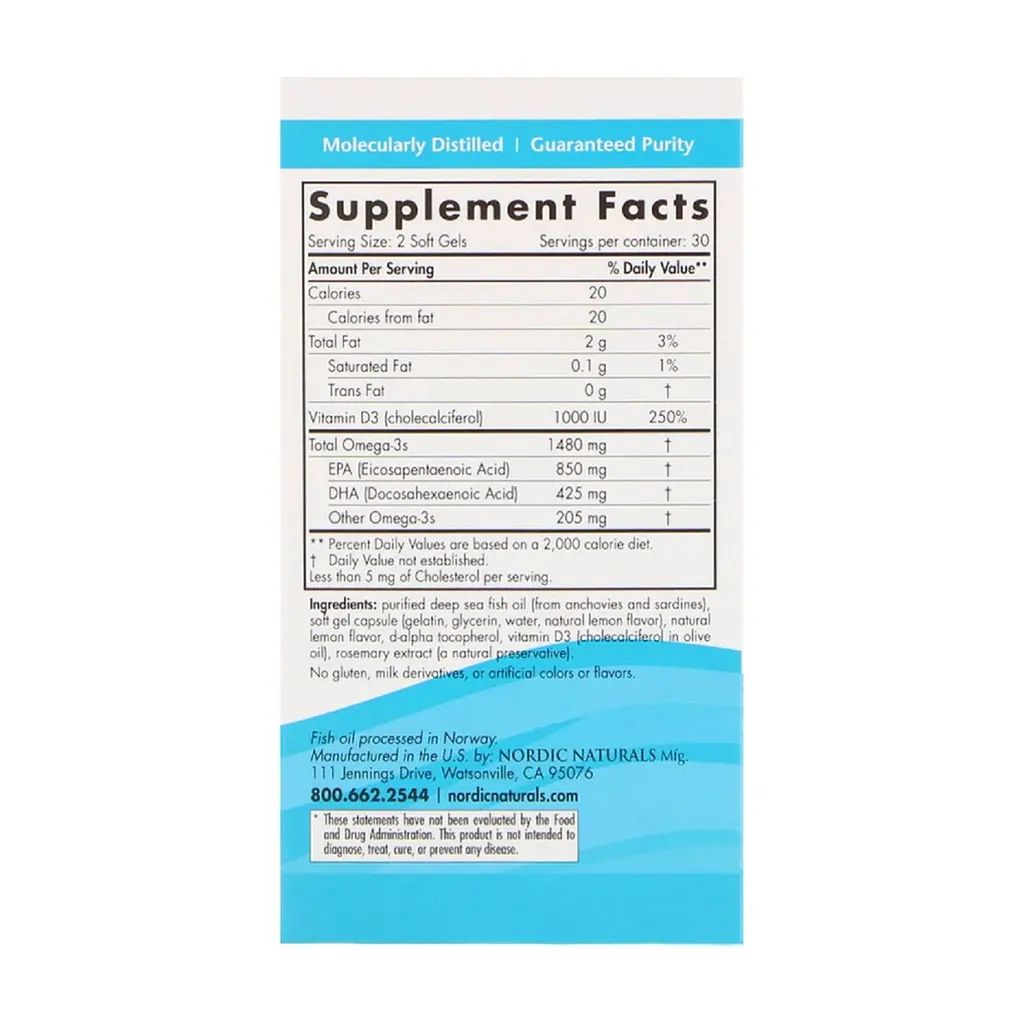 Жирные кислоты Nordic Naturals Рыбий Жир, Вкус Лимона, Ultimate Omega, Lemon, 1000 мг, 60 (NOR-01799) - фото 2