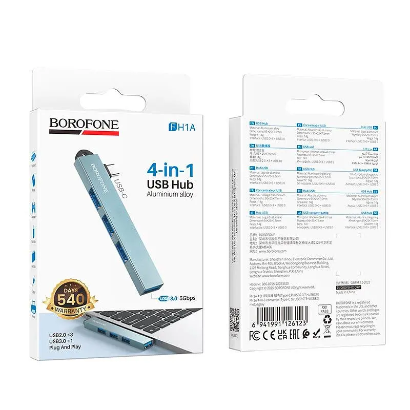Перехідник BOROFONE Hoco 4-in-1 converter (Type-C to USB2.0*3+USB3.0) FH1A |5Gbps| - фото 2