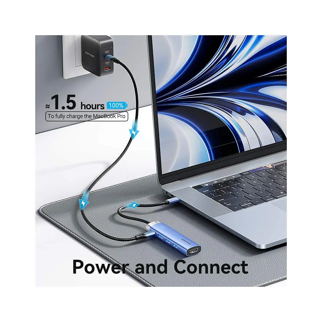 Концентратор Vention USB 3.1 Type-C to HDMI/USB 3.0x3/PD 100W Blue Aluminum Alloy Hub 5-in-1 (TGESB) - фото 7
