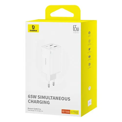 Мережевий зарядний пристрій Baseus GaN6 Pro Fast 2C+2U 65W Cable Type-C to Type-C 1m білий P10162701213-00 - фото 5