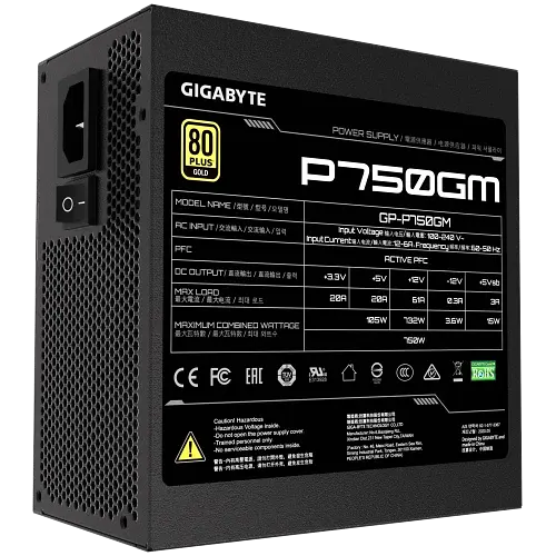 Блок живлення Gigabyte 750 Вт P750GM, Black, модульний, 120 мм (HYB), Active PFC, 80 Plus Gold, MB: 20+4 pin, CPU: 4+4 pin, VGA: 4 x 6+2 pin, 3xMolex / 1xFDD / 8xSATA, Захист: OVP/OPP/SCP/UVP/OCP/OTP (GP-P750GM) - фото 3