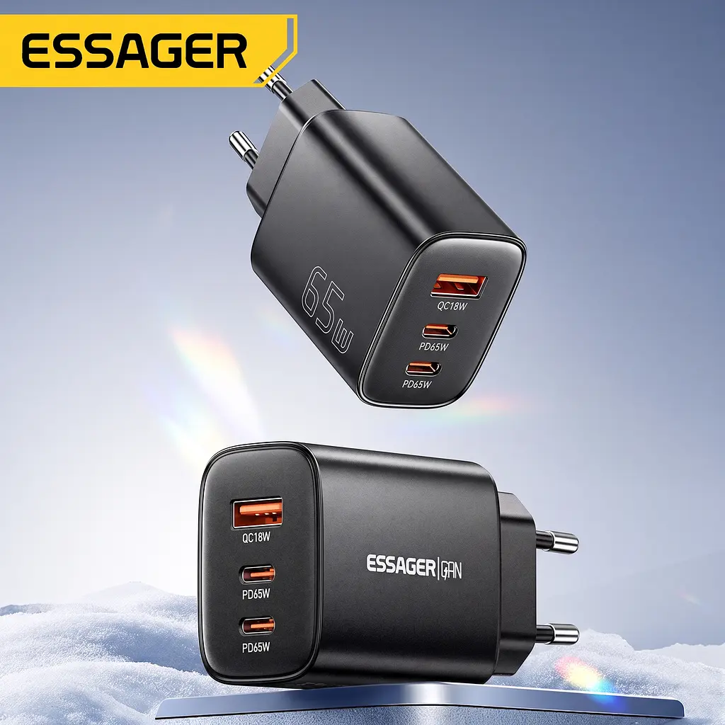 Зарядний пристрій Essager GaN 65W, 2 x USB-C+USB-A (ES-X57), EU, чорний - фото 10