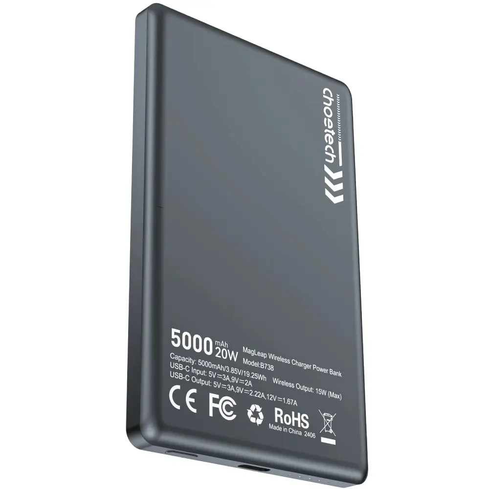 Універсальна мобільна батарея Choetech Magnetic Wireless 5000mAh 20W PD Qi-15W USB-C In/Out, тонкий, чорний - фото 3