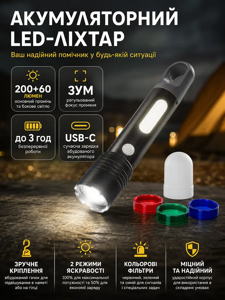 Ліхтар акумуляторний LED 200+60 лм з USB-C та кольоровими фільтрами 16х3.5 см Чорний - фото 3