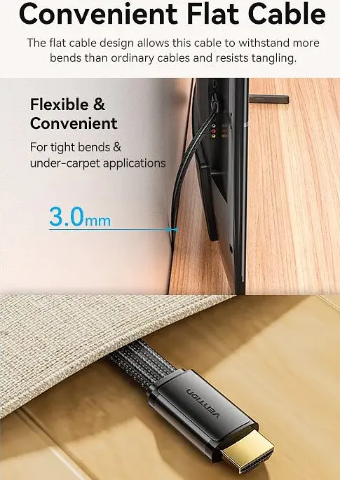 Кабель HDMI M-M, 2.0 м, V2.1, 8K 60Гц, плоский з обплетенням, Vention - фото 7