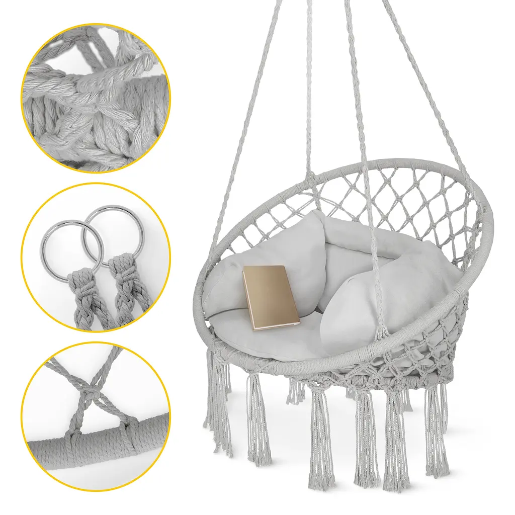 Крісло-гойдалка 4FIZJO Boho Dream 80 см з подушкою, підвісна, плетена Grey (P-5905973404532) - фото 3