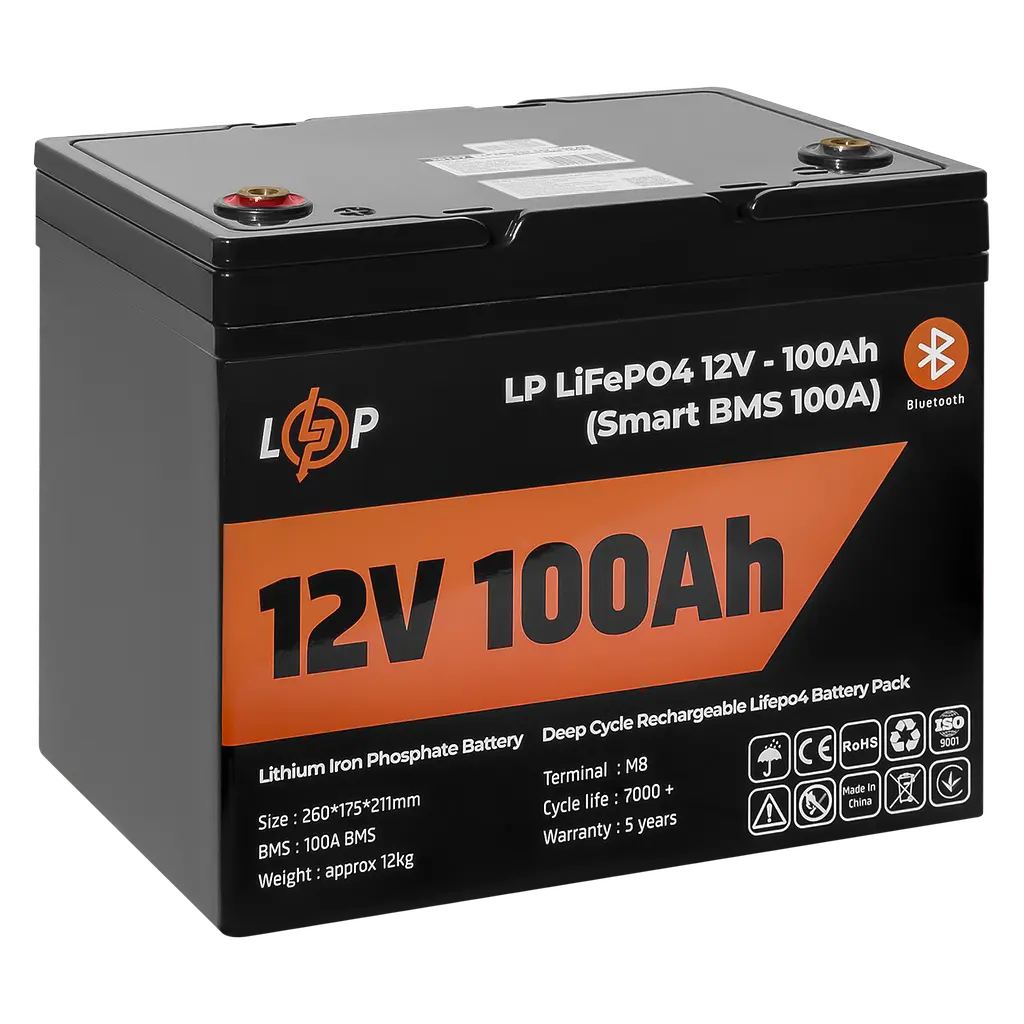 Акумулятор LP LiFePO4 12V (12,8V) - 100 Ah (1280Wh) (Smart BMS 100А) з BT пластик для ДБЖ - фото 4