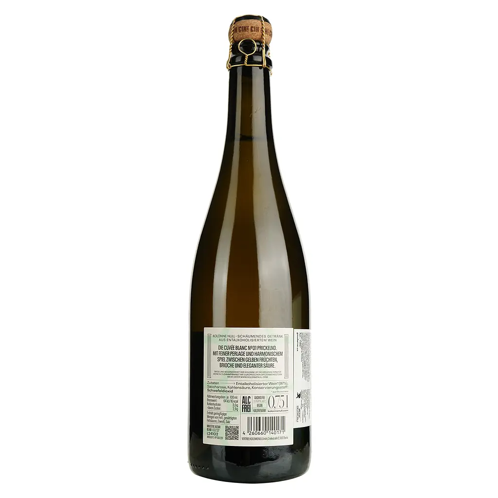 Вино игристое безалкогольное Kolonne Null Cuvee Blanc Sparkling белое полусладкое 0.75 л - фото 2