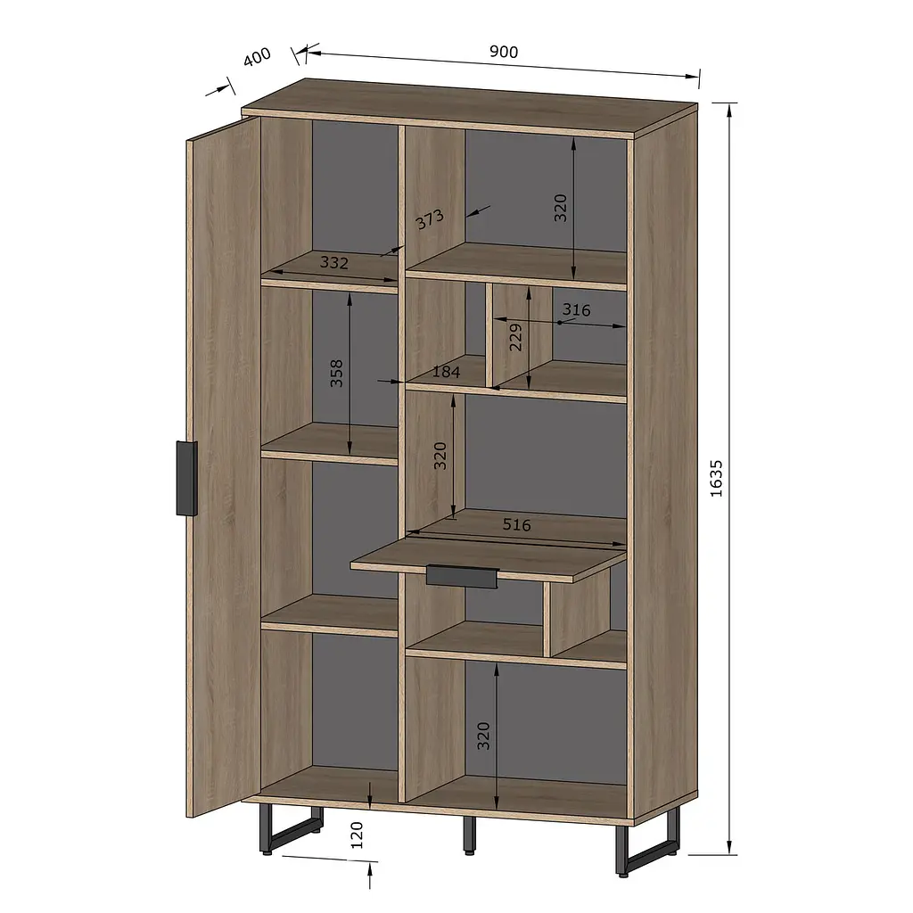 Стеллаж комбинированный с полками Moreli Forte F-0006 в стиле Loft 900х1634х400 мм Дуб Кверкус - фото 2