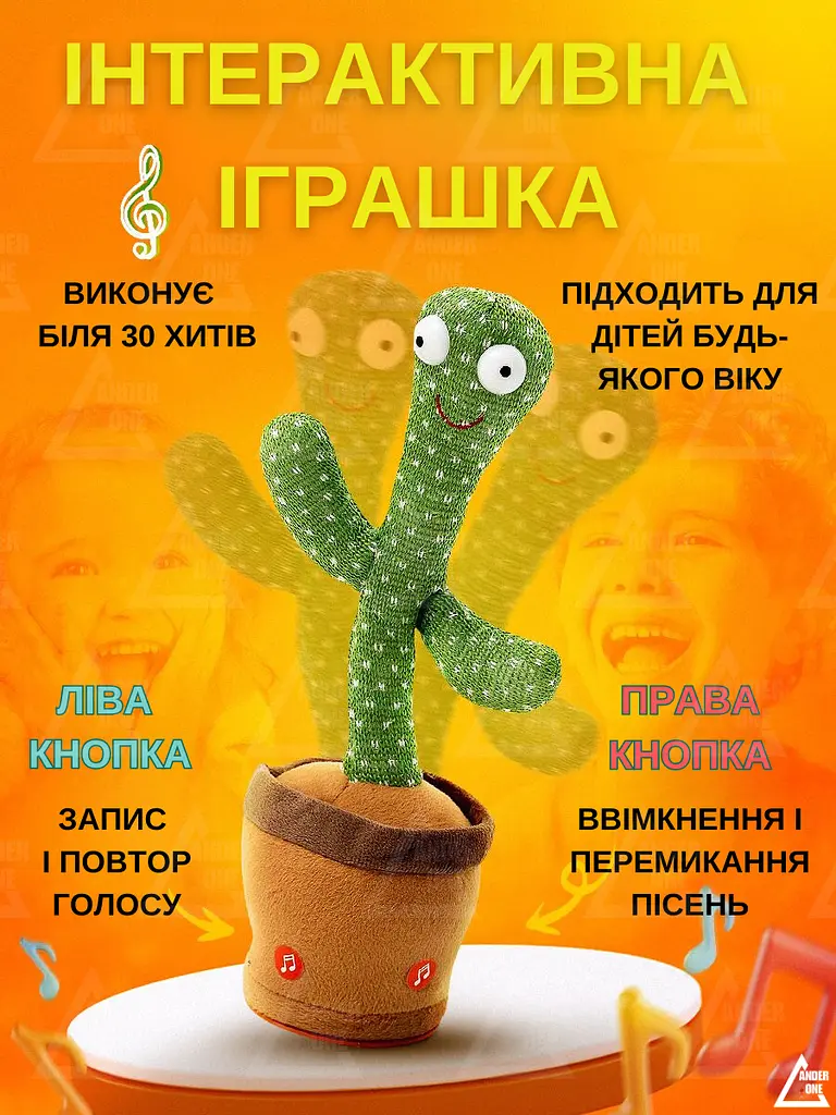 Інтерактивна іграшка великий співаючий танцюючий кактус іграшка повторюшка з підсвічуванням на USB D II + USB шнур Зелений - фото 3