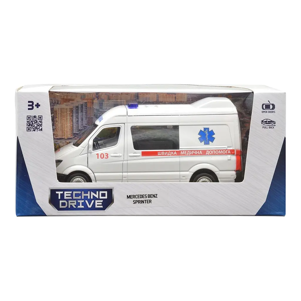 Автомодель TechnoDrive Mercedes Benz Sprinter Швидка Допомога, 1:32, біла (250344U) - фото 11