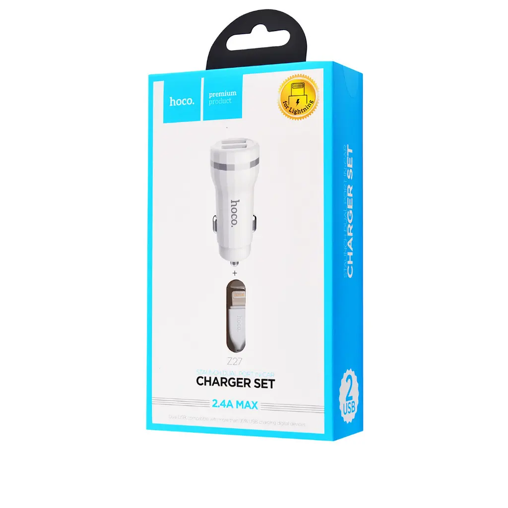 Автомобильное зарядное устройство Hoco Z27 Staunch dual port in-car charger set with Lightning 2USB 2.4A Белый - фото 2