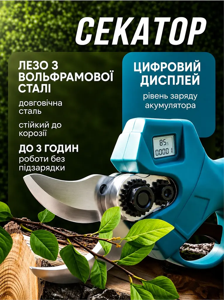 Садовий набір 2в1: електричний секатор та акумуляторна міні-пила 48V з кейсом і 2 АКБ - фото 6