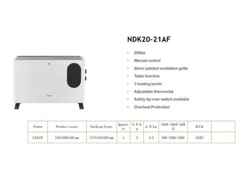 Конвектор електричний Midea NDK20-21AF Підлоговий, 2 кВт, площа обігріву 25 кв.м., білий (000004025) - фото 4