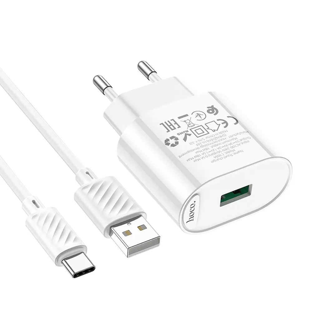 Зарядное устройство Hoco C109A USB QC 18W белый + кабель USB to Type-C - фото 3
