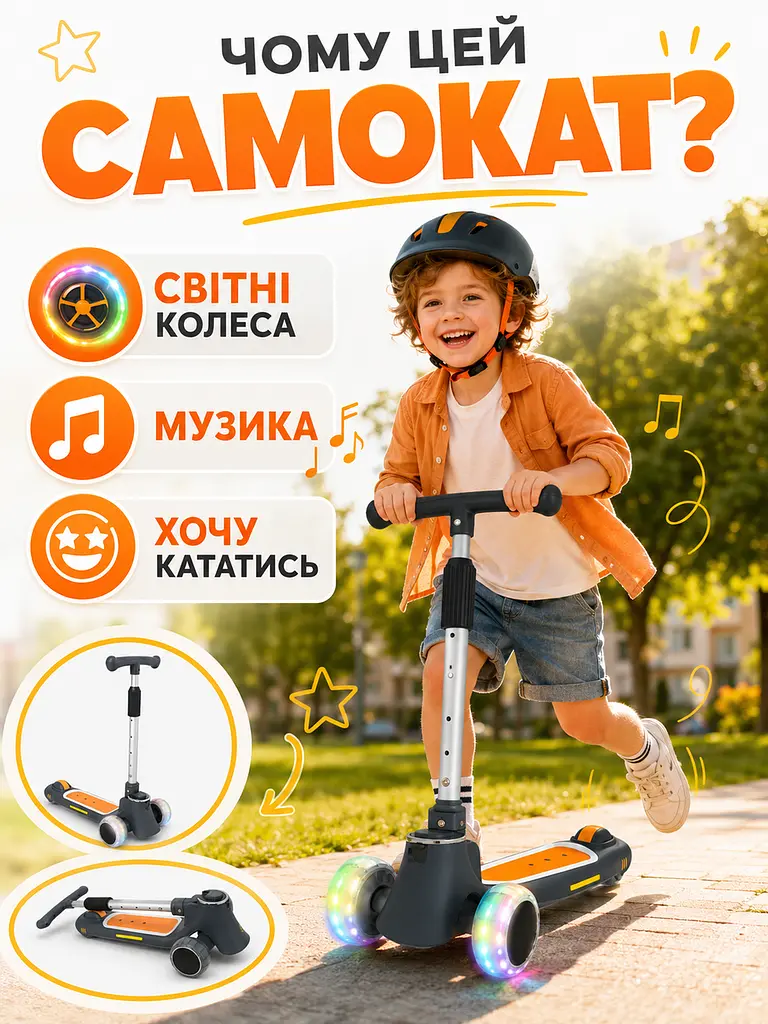 Дитячий триколісний самокат чорний з музикою, підсвічуванням і ножним гальмом (49676030) - фото 7