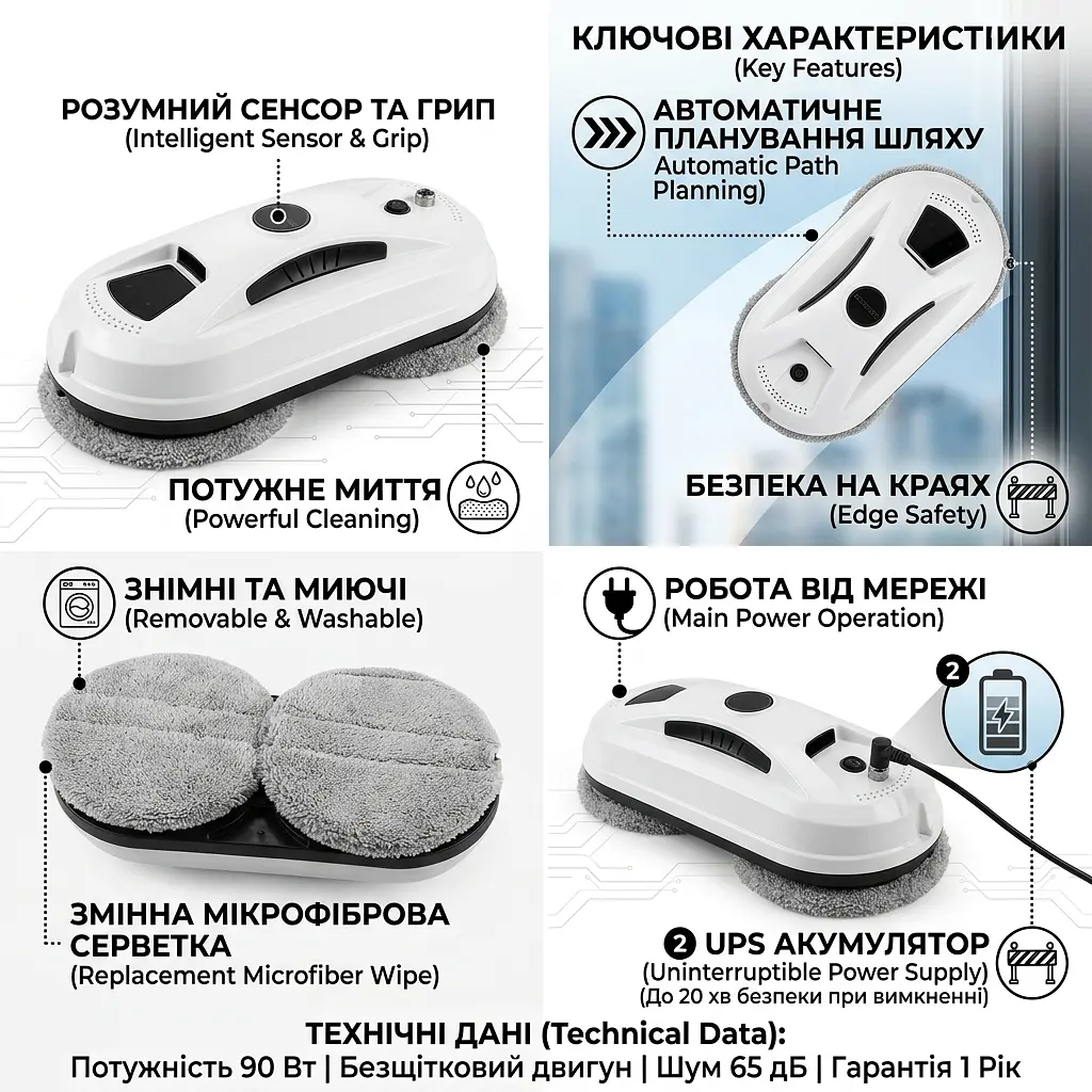 Умный бытовой робот-пылесос для мытья окон пола и потолка 3в1 с пультом управления и приложением для смартфона - фото 5