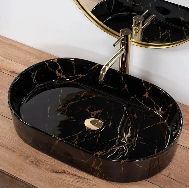 Умивальник Rea Nadia black marble shiny накладний REA-U0539, Чорний матовий - фото 4
