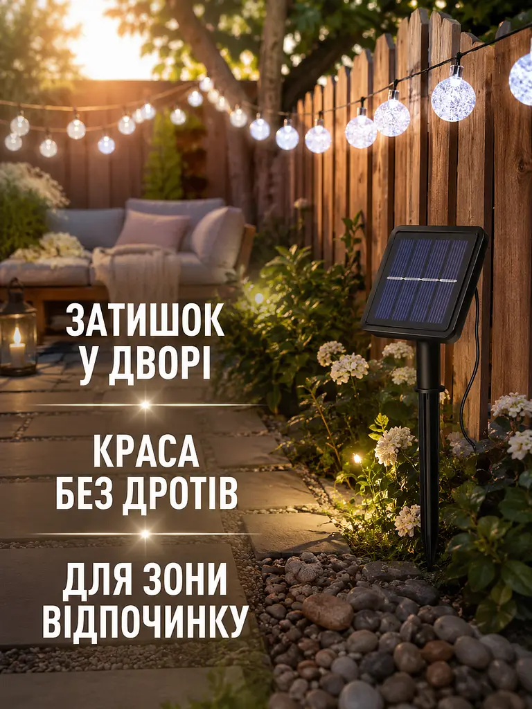 Садова гірлянда Кульки 20 LED вулична на сонячній батареї біле світло IP65 (49675992) - фото 9