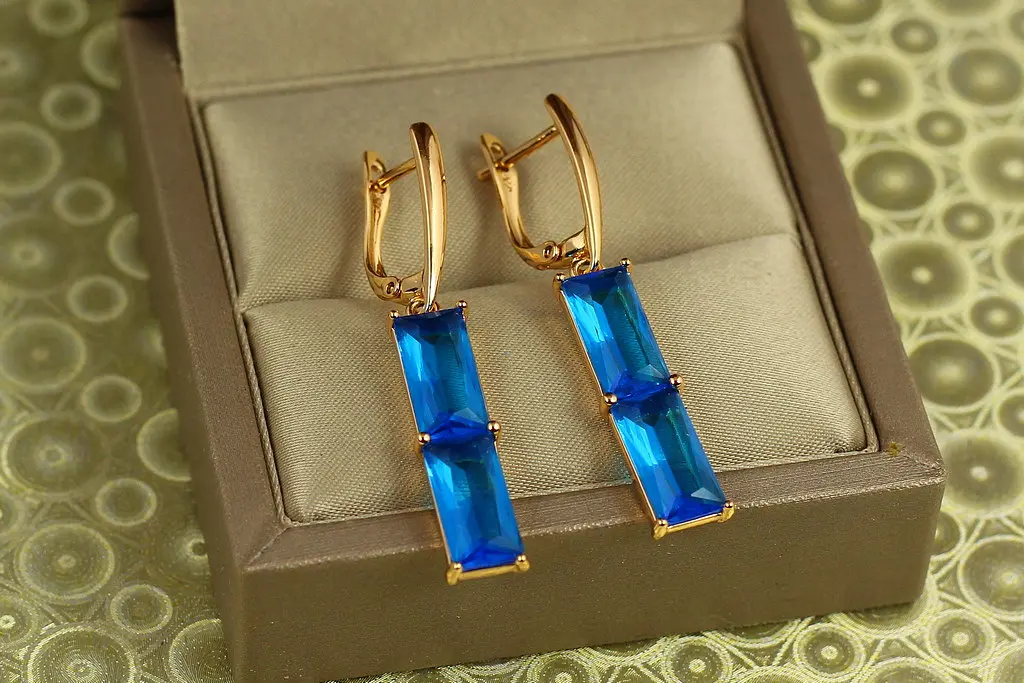 Сережки Xuping Jewelry підвіски подвійний прямокутний блакитний фіаніт 4,3 см золотисті - фото 2