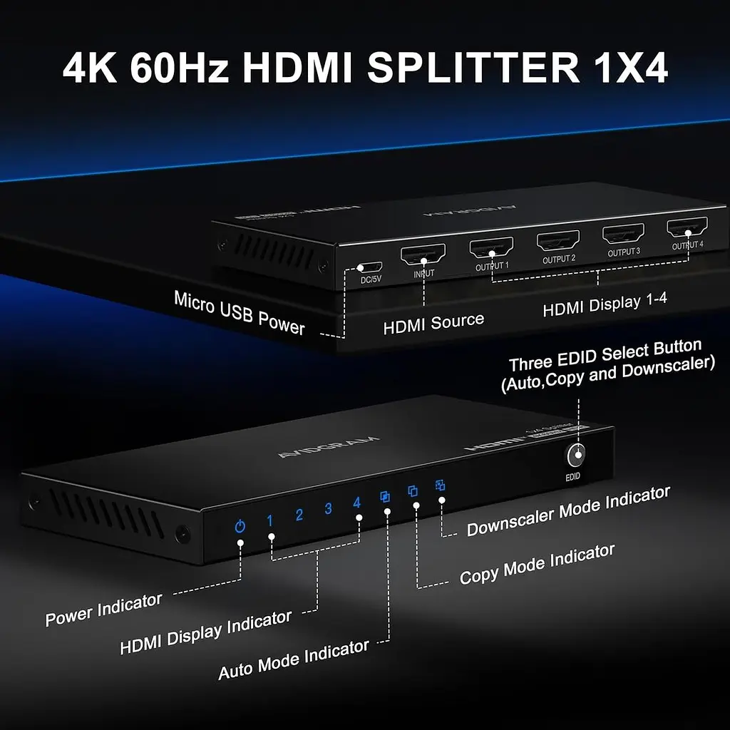 HDMI спліттер AVIDGRAM 1×4 4K@60Hz з EDID та Downscaler - фото 5